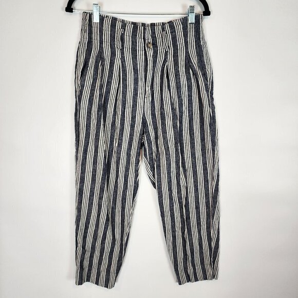 Madewell Linen Cotton Blend Paperbag Pants High Rise Blue Railroad Stripe Pant 4 - Picture 3 of 13